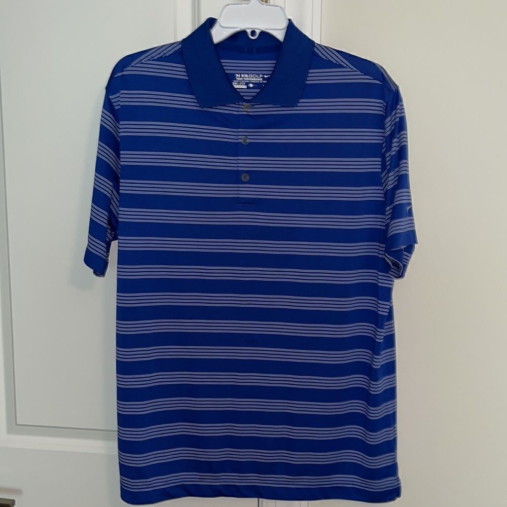 Nike tour performance dri fit blue stripe solid collar golf polo shirt L men’s